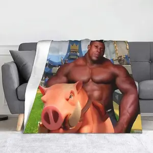 Hog Rider Clash Royale Flannel Blanket, Funny Muscle Pig Gaming Velvet Throw, Black Soft Warm Game Character Blanket for Sofa Couch Bed, Cool Gamer Gift for Guys Boys