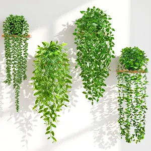 4 Pack Faux Artificial Hanging Plants, Fake Potted Greenery, Eucalyptus Vine, Mandala, Pea Pod Leaves, String of Pearls, Indoor & Outdoor Decor