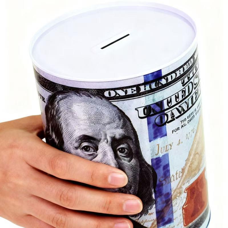 $100 Dollar Bill Piggy Bank Tall Coin Saving Money Currency Benjamin Franklin Tin Can Banknote Jar for Kids and Adults Unopenable Metal Design
