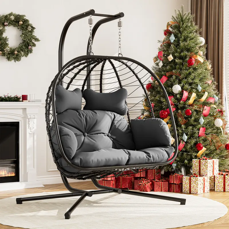 RIWENGO Egg Swing Chair with UV Resistant Removable & Washable Cushions, Outdoor Indoor Wicker Rattan Egg Hanging Chair with Stand-350/700lbs Capacity, Perfect for Bedroom, Balcony, Garden, Poolside
