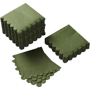 100 Pack  Napkin 2-Ply Scalloped Edged Dessert Napkins Folded 5 x 5 Inches Disposable Napkins for Dinner Wedding Birthday Party Bridal Anniversary Reception Event (Green)
