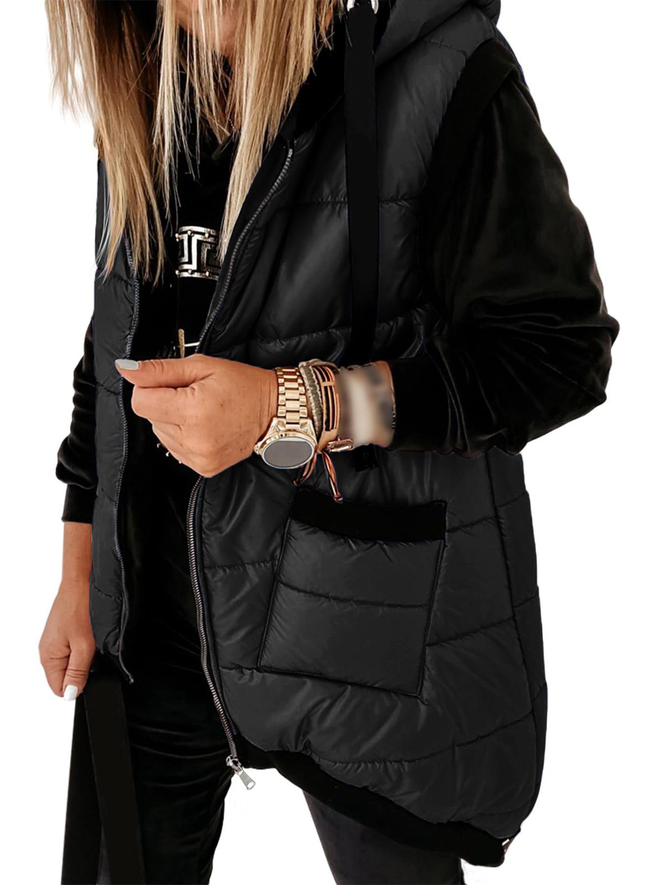 Aswulk Women Hooded Quilted Padded Vest, Thick Zip Up Sleeveless Jacket With Big Pockets, Front Short Back Long Casual Layering Gilet
