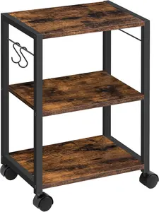 3-Tier Under Desk Rolling Printer Stand with Storage Shelf, Heavy Duty Printer Table with Wheels, Printer Shelf with 2 Hooks, Ideal for Small Spaces, Rustic Brown for Home and Office