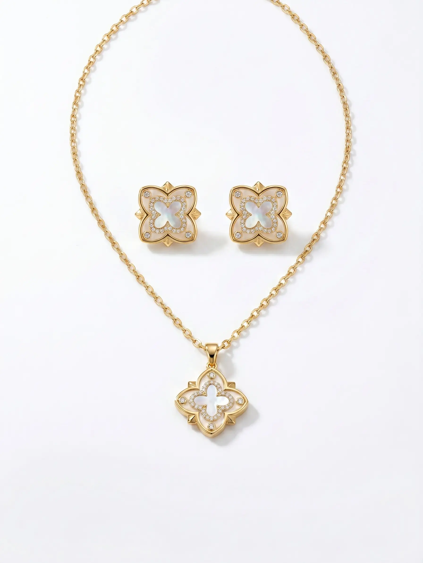 Women's 18K Gold Plated Jewelry Set, Lucky 4-Leaf Clover Pendant Necklace & Matching Stud Earrings, Tarnish-Resistant Daily Fashion Gift