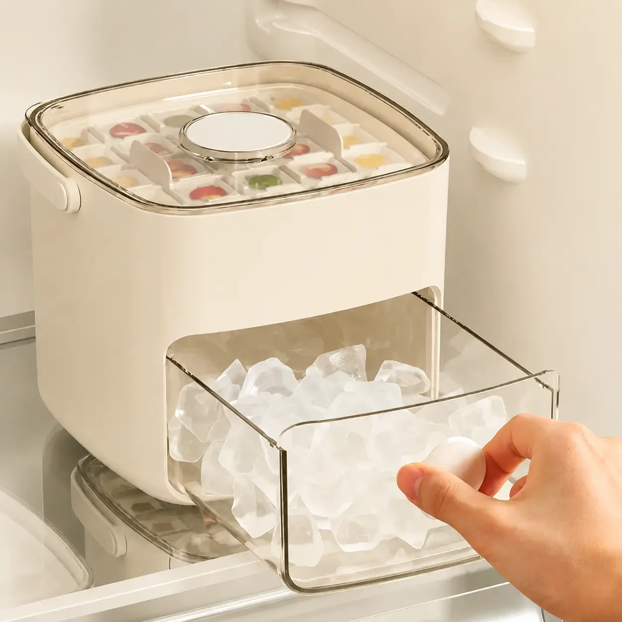 48-compartment ice tray with easy-press lid - Double-layer portable design, includes silicone tray, durable plastic construction,beverage cooling, suitable for homemade frozen foods and drinks.（white）