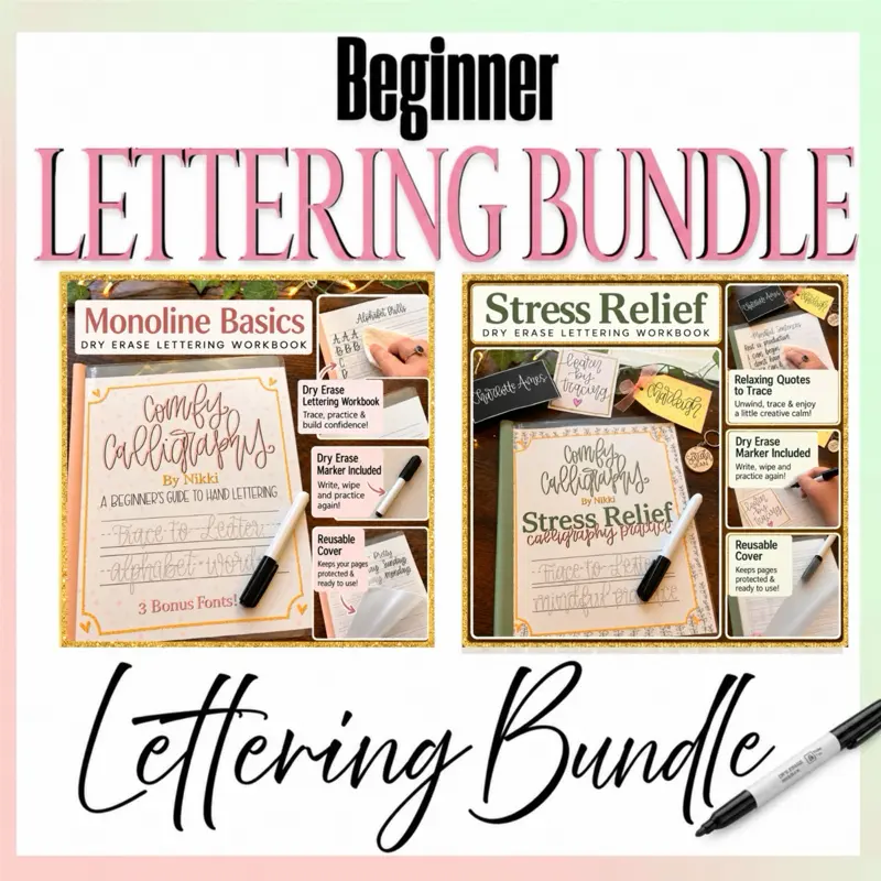 Beginner Lettering Bundle - 2 Dry-Erase Workbooks, Easy to Use, Ideal Gift for Craft & DIY Enthusiasts