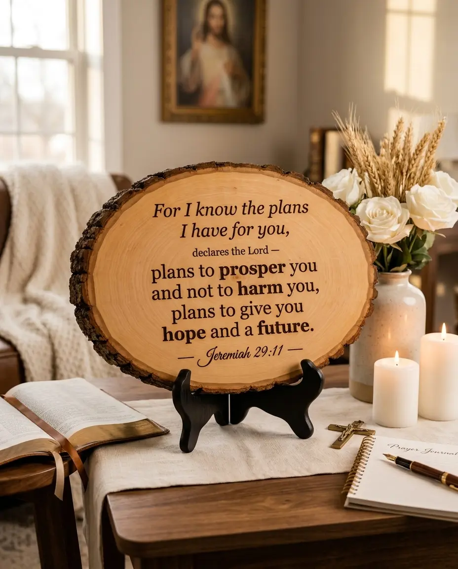 Christian Bible Verse Wood Sign | Live Edge Plaque with Engraved Psalm 23, John 3:16, Philippians 4:13, Jeremiah 29:11 & More | Faith Home Decor Christian Gift for Family