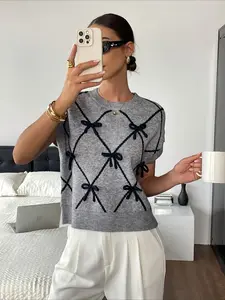 Women's Fashionable Knitted Vest, Geometric Pattern Bow Tie Design, Comfortable Round Neck Sweater for Spring Summer Fall