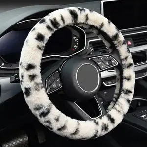 KAFEEK Elastic Long Microfiber Plush Steering Wheel Cover for Winter Warm, Khaki Leopard