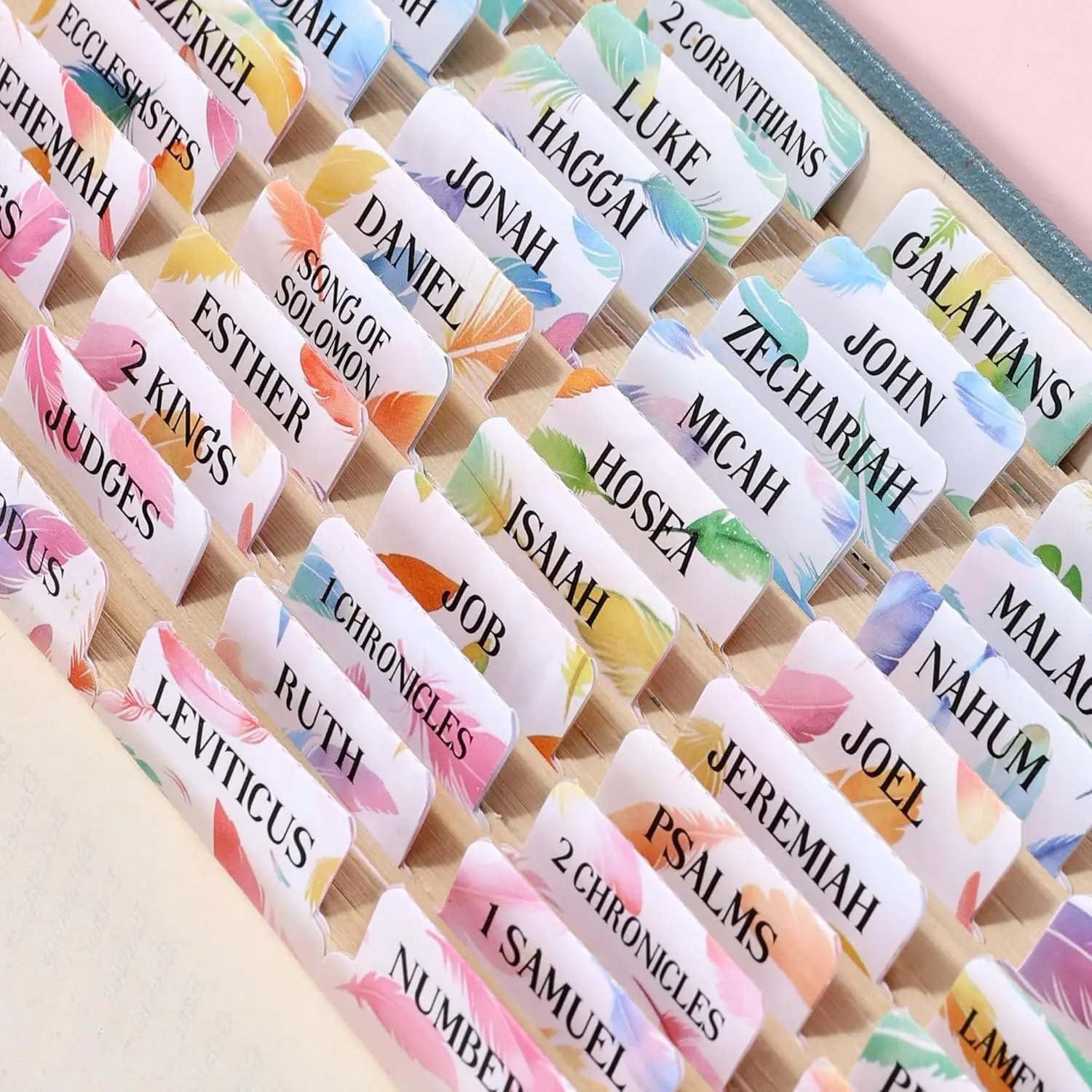 Bible Tabs For Women, 66 Large Print Laminated Bibles Chapters Index Tabs and 39 Blank Dividers Sticky Labels, Cute Beauty Feather Bible Study Supplies, Journaling Accessories, Christian Gifts for Men