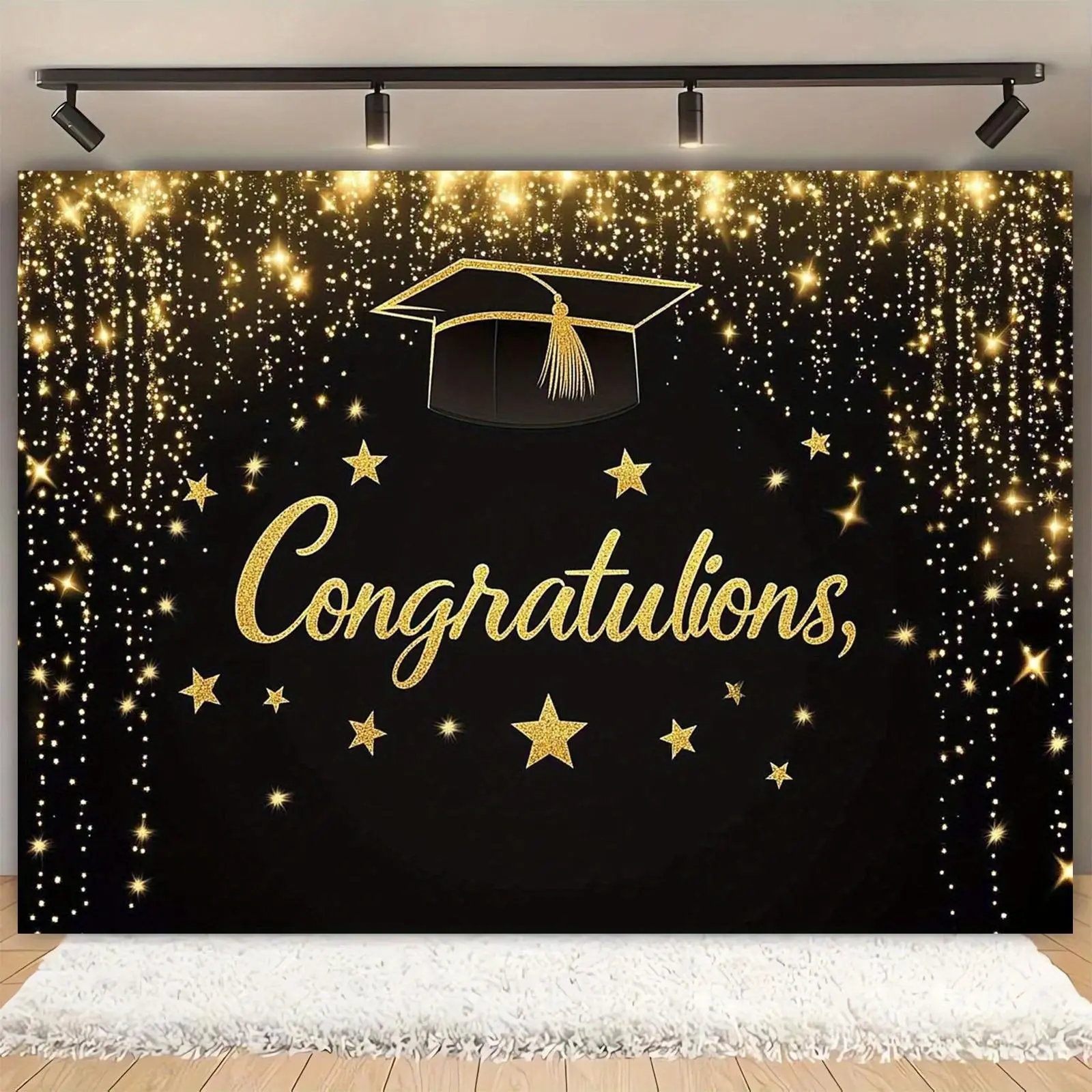Graduation Cap Pattern Background Banner, 1 Count Glitter Graduation Party Decoration Backdrop, Wall Decoration for Home Party Graduation Decor, Ornaments, Grad Party Decorations, Shimmer Wall Backdrop