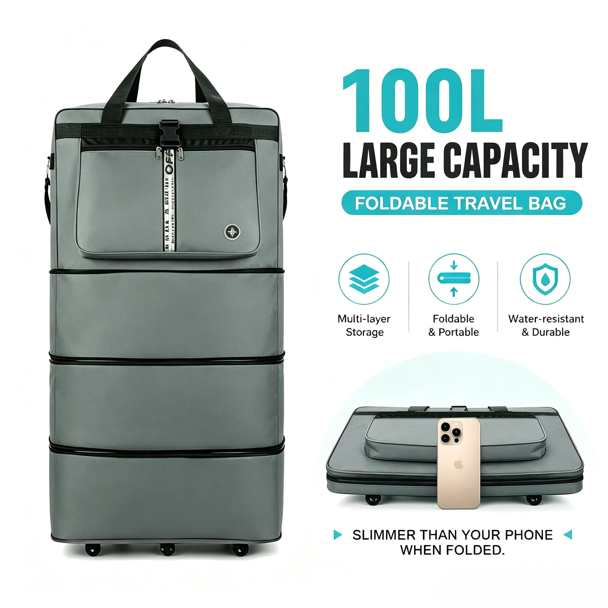100L Foldable Expandable Rolling Travel Duffle Bag with Wheels, Extra Large Travel Luggage Bags for Moving, Airplane Carry & Home Organization