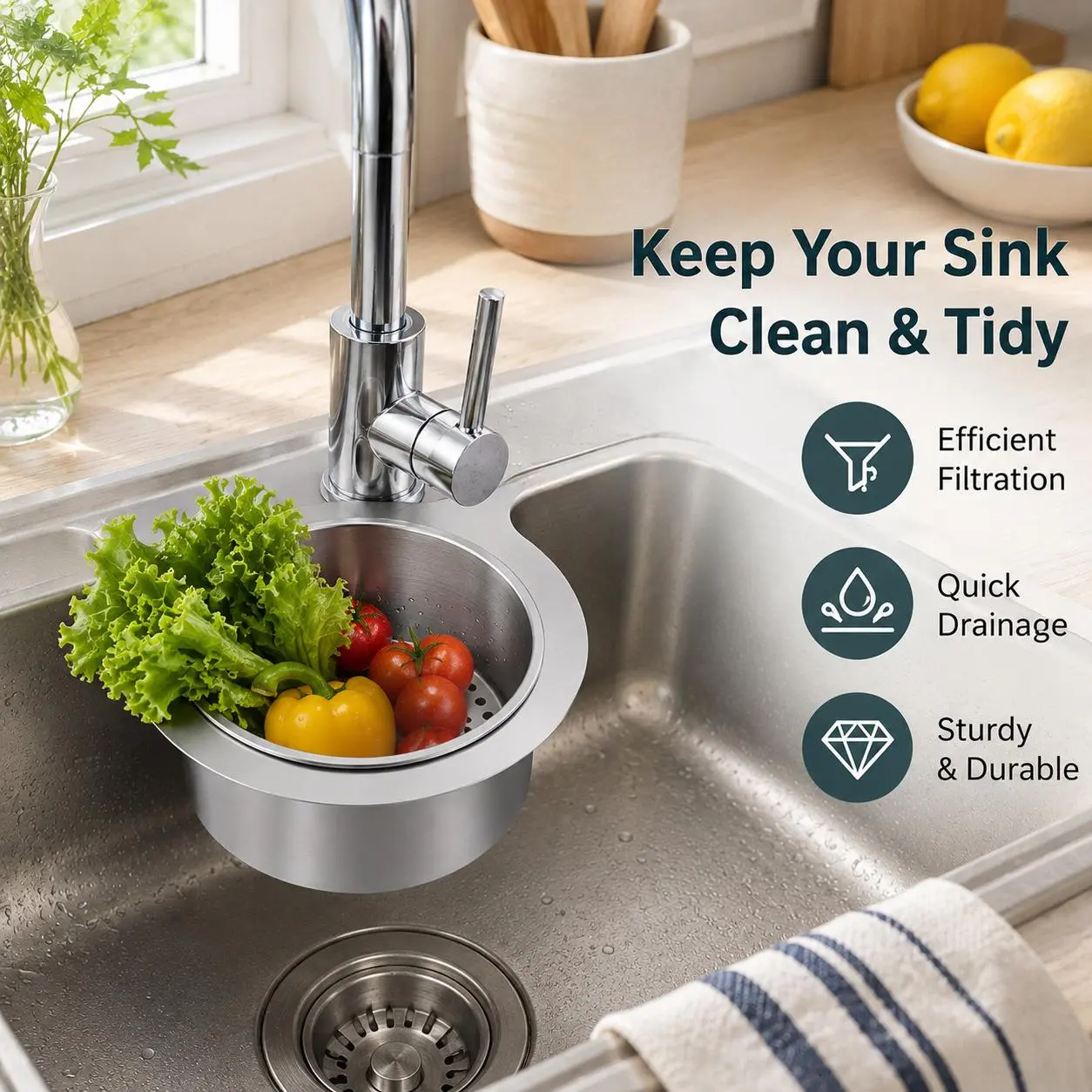 1 Count Stainless Steel Hanging Sink Drain Strainer Basket, Fast Drainage Rustproof Food Residue Filter for Kitchen Sink Organization,sohochic