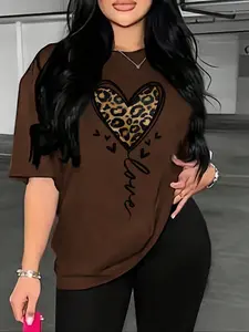 Women's Heart & Leopard Print Drop Shoulder Tee, Summer Graphic Tees Women, Casual Half Sleeve Round Neck Top for Daily Wear, Graphic Tees, Ladies Clothes for All Seasons, T Shirts for Women, Women's Clothing, Womenswear