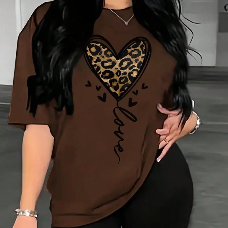 Women's Heart & Leopard Print Drop Shoulder Tee, Summer Graphic Tees Women, Casual Half Sleeve Round Neck Top for Daily Wear, Graphic Tees, Ladies Clothes for All Seasons, T Shirts for Women, Women's Clothing, Womenswear