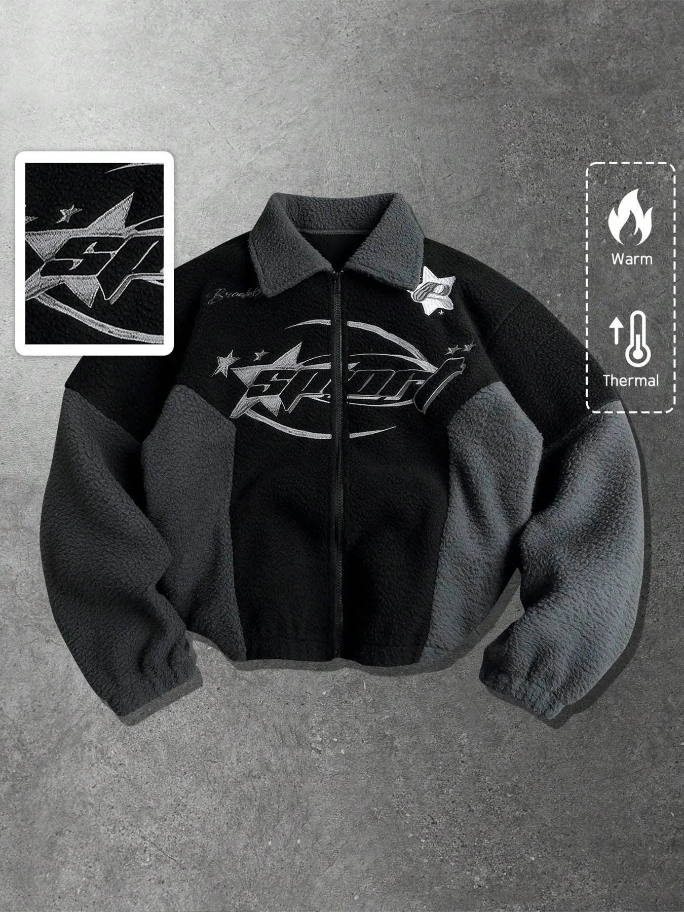 Y2K Cybercore Star Embroidery Sherpa | Oversized Black Grey Contrast Fleece Bomber | Aesthetic Streetwear Zip Up Zippered Jacket Fuzzy Coat Loose Fashion Jacket for Men Women Winter Outfits