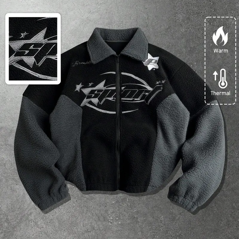 Y2K Cybercore Star Embroidery Sherpa Jacket | Oversized Black Grey Contrast Fleece Bomber | Aesthetic Casual Streetwear Zip Up Fuzzy Coat for Men Women Winter Outfits