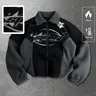 Y2K Cybercore Star Embroidery Sherpa Jacket | Oversized Black Grey Contrast Fleece Bomber | Aesthetic Casual Streetwear Zip Up Fuzzy Coat for Men Women Winter Outfits