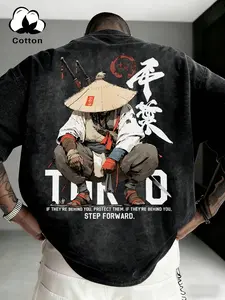 Samurai Warrior Tokyo Graphic Tee, Vintage Wash Cotton T-Shirt, Japanese Street Style, Casual Fitted Long Top, Short Sleeve, Streetwear