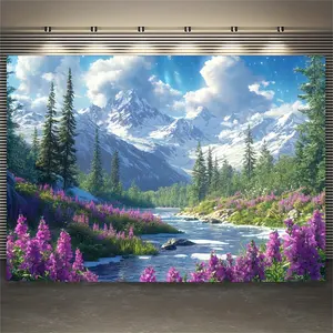 1pc Elegant Alaska Mountain Landscape Backdrop with Snow-Capped Peaks, Vibrant Wildflowers, and Lush Greenery – Polyester Fabric for Living Room, Bedroom, and Everyday Decor, Living Room Decor |   Elegant Wall Hanging |   Durable Tapestry, Mountain Decor