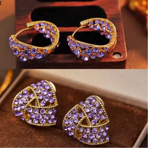 Women's 14K Gold-Metal Coating Purple Crystal Hoop Earrings with Rhinestones - Vintage-Inspired Ear Cuffs, Elegant Design Female Daily Costume Jewelry