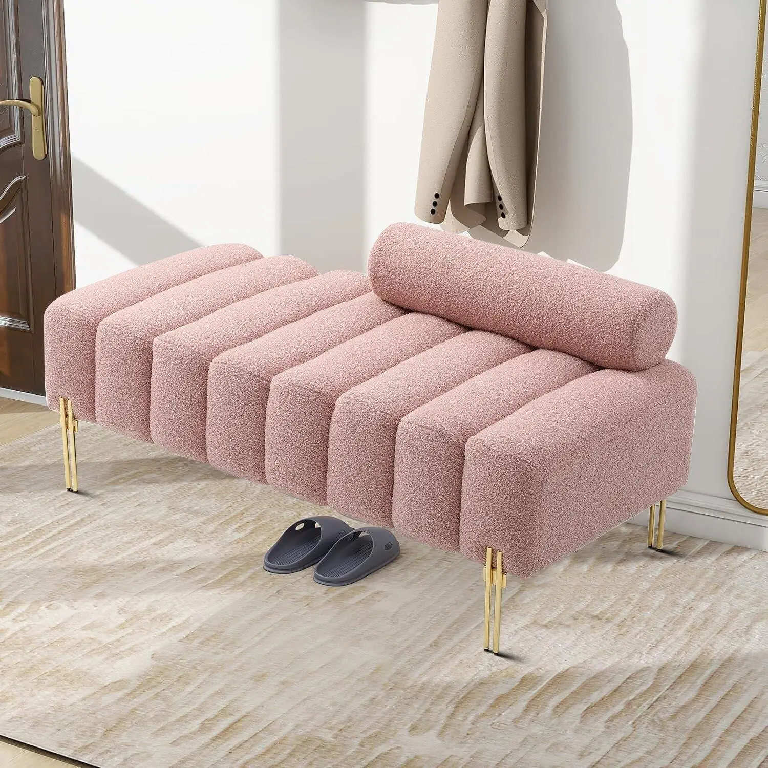 Modern Stylish Faux Fur Sherpa Fabric Upholstered Bench with Metal Legs