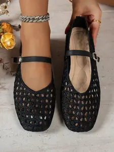 Women's Hollow Out Mary Jane Shoes, Flat Comfortable Daily Wear, Square Toe Versatile Design, Elegant Textile Upper, Rubber Sole