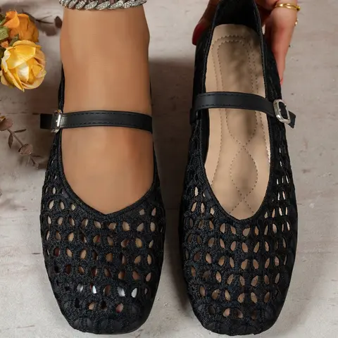 Women's Hollow Out Classic Mary Jane Shoes, Flat Comfortable Daily Wear, Square Toe Versatile Design, Elegant Textile Upper, Rubber Sole