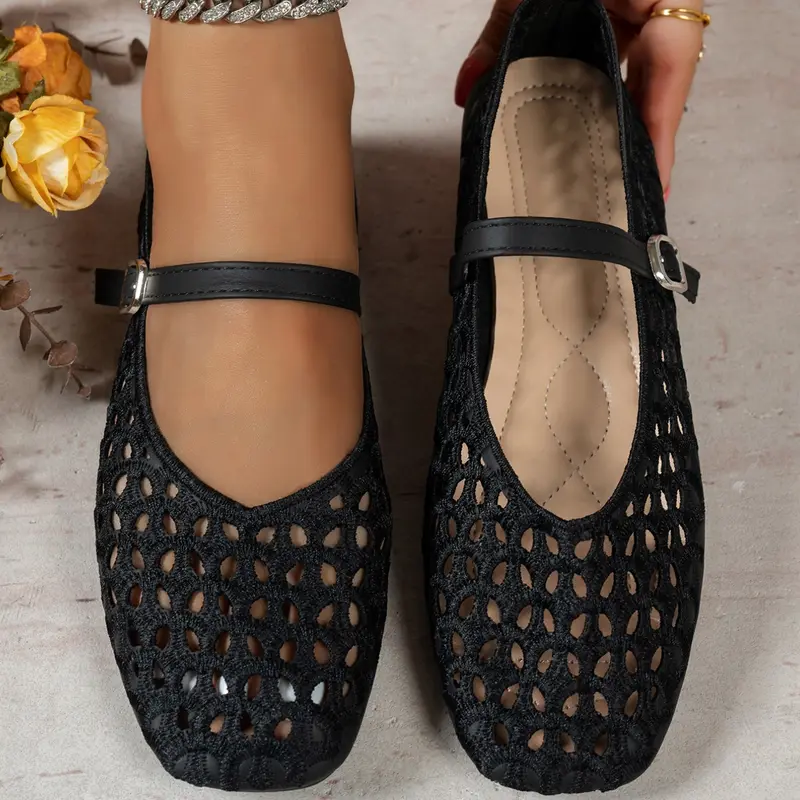 Women's Hollow Out Classic Mary Jane Shoes, Flat Comfortable Daily Wear, Square Toe Versatile Design, Elegant Textile Upper, Rubber Sole