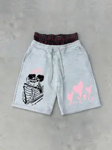 Viral TikTok Y2K Skeleton Heart Flame Print Double Waistband Sweat Shorts | Soft Fleece Casual Streetwear | Harajuku Aesthetic Plaid Waist Lounge Bottoms | Trendy Gym & Street Style Shorts for Men & Women | Trending Graphic Fashion Bottoms
