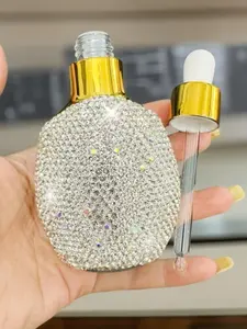 Luxury Diamond Embellished 30ML Thick Bottom Glass Bottle, Flat Essential Oil Serum Bottle with Dropper, Portable Travel Size