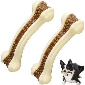2Pcs Real Beef Flavor Dog Bones Chew Toys for Aggressive Chewers, Indestructible Dog Teething Chew Toys for Large/Medium/Small Puppies Breed,Tough Pet Toy with Nylon