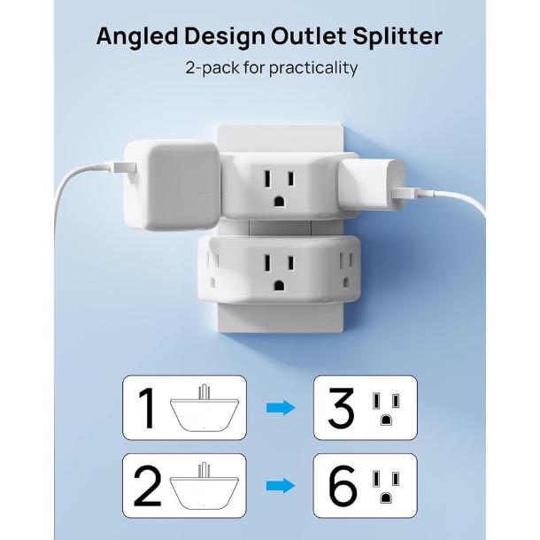 Multi Plug Outlet Extender 2 Pack - Electrical Wall Splitter, 3 Way Angled Wall Outlet Adapter, Cruise Essentials, Small Multiple Plug Expander for Cruise Ship Home Office Dorm Room, White