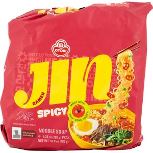 Ottogi Jin Spicy Ramen Family Pack - Bold Korean Savory Beef-Style Instant Noodle Food with Garlic, Onion & Vegetable Flavor (16.93 oz Multi-Serve Pantry Pack)