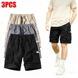 Men’s three-piece workwear shorts set: cargo shorts with a drawstring elastic waistband; black casual design with breathable, skin-friendly, smooth, soft fabric; suitable for everyday home wear.