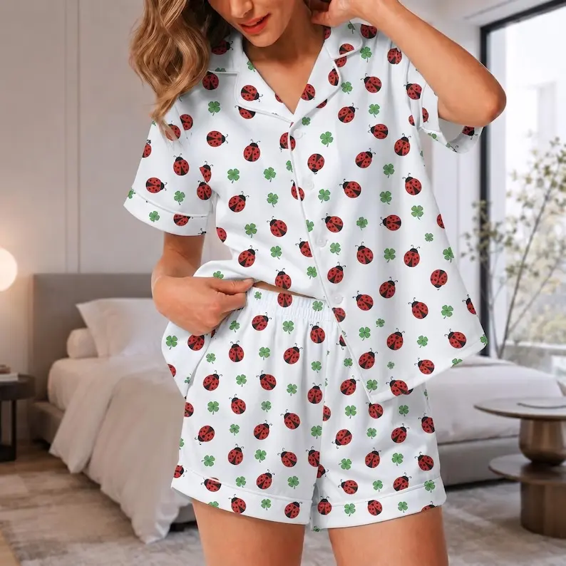 Ladybug Pajama Set for Women, Lucky Clover Sleepwear, Cute Button Up PJ Set, Summer Loungewear, Satin Pajama Set, Gift for Her