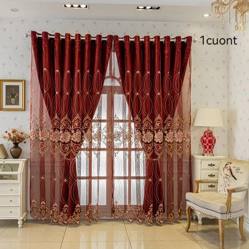 Double Layer Embroidered Blackout Curtain, 1 Count Exquisite Modern Window Curtain, Home Decoration Curtain, Home Decorative Curtain for Living Room B