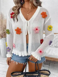 Plus Size Women's New Fashion Elegant Chic Simple Daily Casual V Neck Long Sleeve Sweater Cardigan, Cute Floral Flower Decoration, Breathable Knitwear Top for Beach Vacation