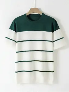 Men's Striped Print Short Sleeve Knit Tee, Regular Fit Casual Breathable Round Neck T-shirt for Daily Wear, Men's Knitwear for All Seasons, Menswear, Tops, Casual Pullover Top