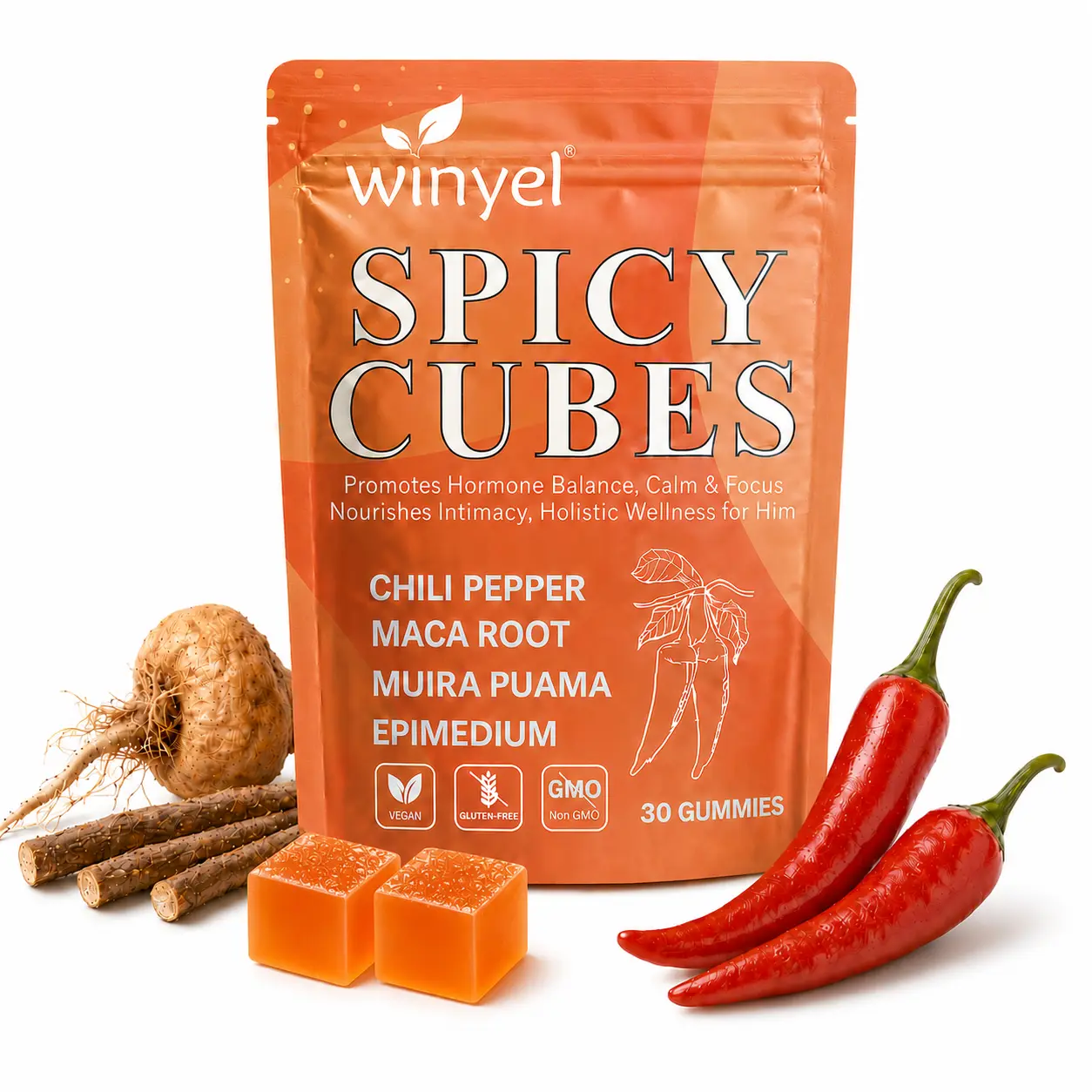 Spicy Cubes Intimacy Wellness Gummies | Peach Flavor with Chili Pepper, Maca Root, Muira Puama & Epimedium | 30-Count SummerVibes Intimacy Wellness Supplement