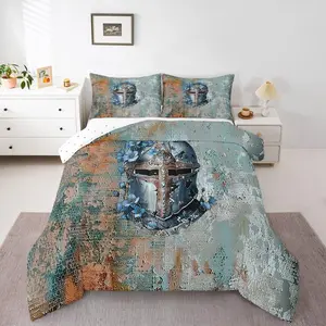 Feelyou Multi-Size Polyester Medieval Knight Comforter Set - Decorative Unique Bedding Set with Soldier Helmet Motif, Rustic Blue Oil Painting Design, Retro Floral U-Stitching, Travel-Ready for Men, Decorative Bedding Set, Bedding Sets