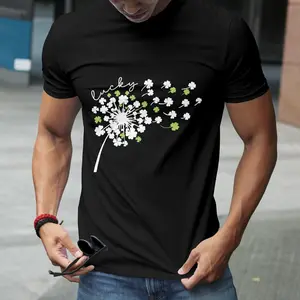 St. Patrick's Day T-shirt - "Lucky" Dandelion & Shamrock Print Design, Casual Crew Neck Short-Sleeved T-shirt, All Seasons Suitable, Comfortable & Versatile, Festive Luck Themed, Black Base Trendy Fun Apparel