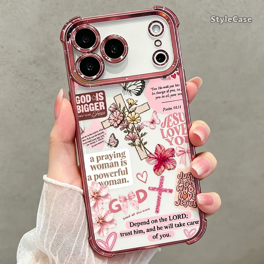 Christian Cross Floral Pink TPU Soft Phone Case for iPhone 17,16 Pro Max,15 Plus,14,13,12,11,Smartphone Accessories for Handheld Cellphone Devices,Gift Case