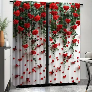 Rose Flower Wall Print Curtains Set, Home Decoration Curtain, Fashionable Rod Pocket Window Drapes for Bedroom & Living Room, Comfortable Atmosphere, Easy Installation