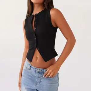 Women's Button-Down Tank Top – Solid Color Sleeveless Crop Vest Minimalist, Streetwear-Ready & Summer Essential