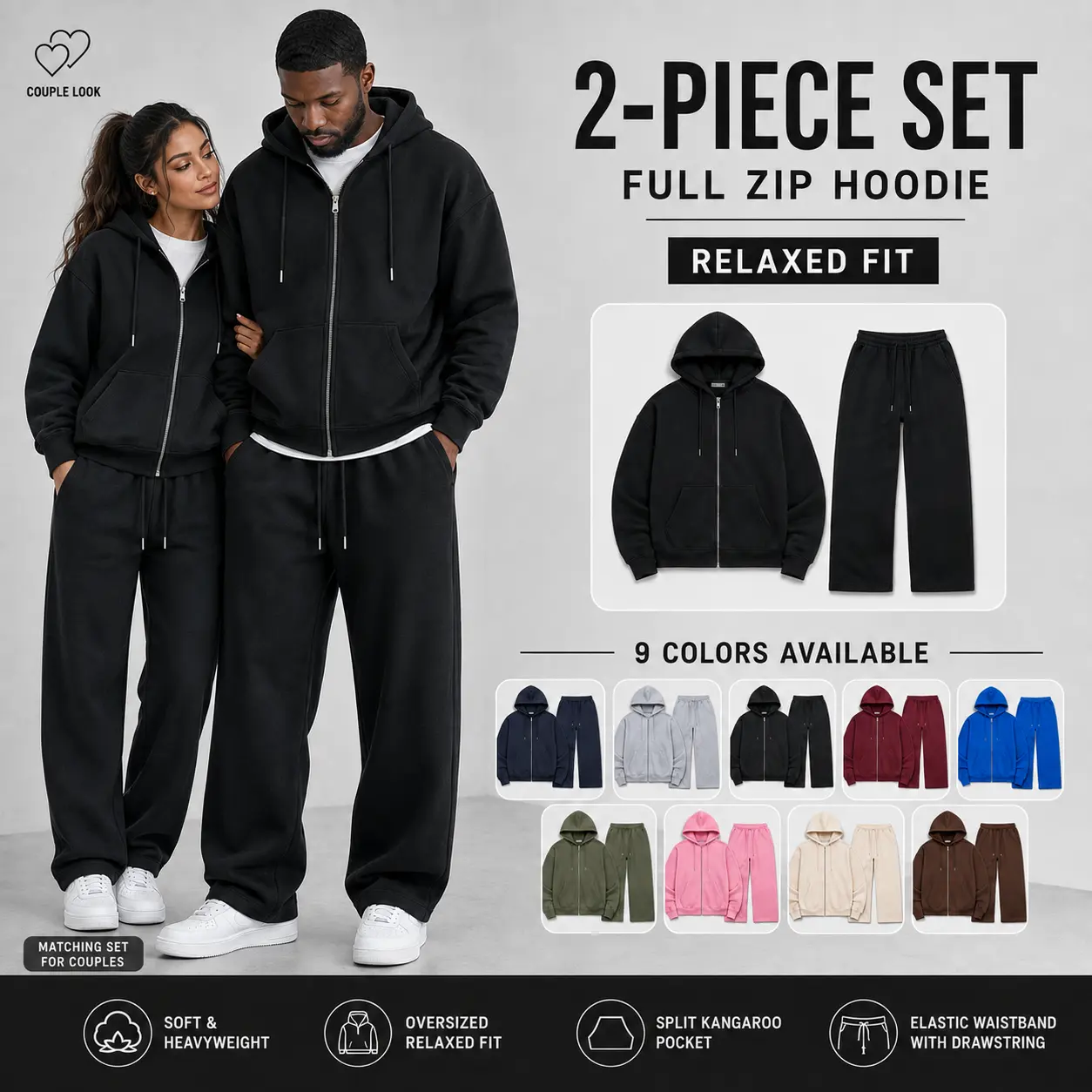 Unisex Couple 2‑Piece Tracksuit Set, Oversized Full Zip‑Up Hoodie & Drawstring Wide Leg Sweatpants, Heavyweight Soft Fleece Matching Loungewear Set, 9 Colors