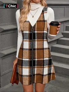Women's Plaid V-Neck Zipper Sleeveless Dress, Fall Winter Fashion, Casual Style, Perfect for Daily Wear and Special Occasions