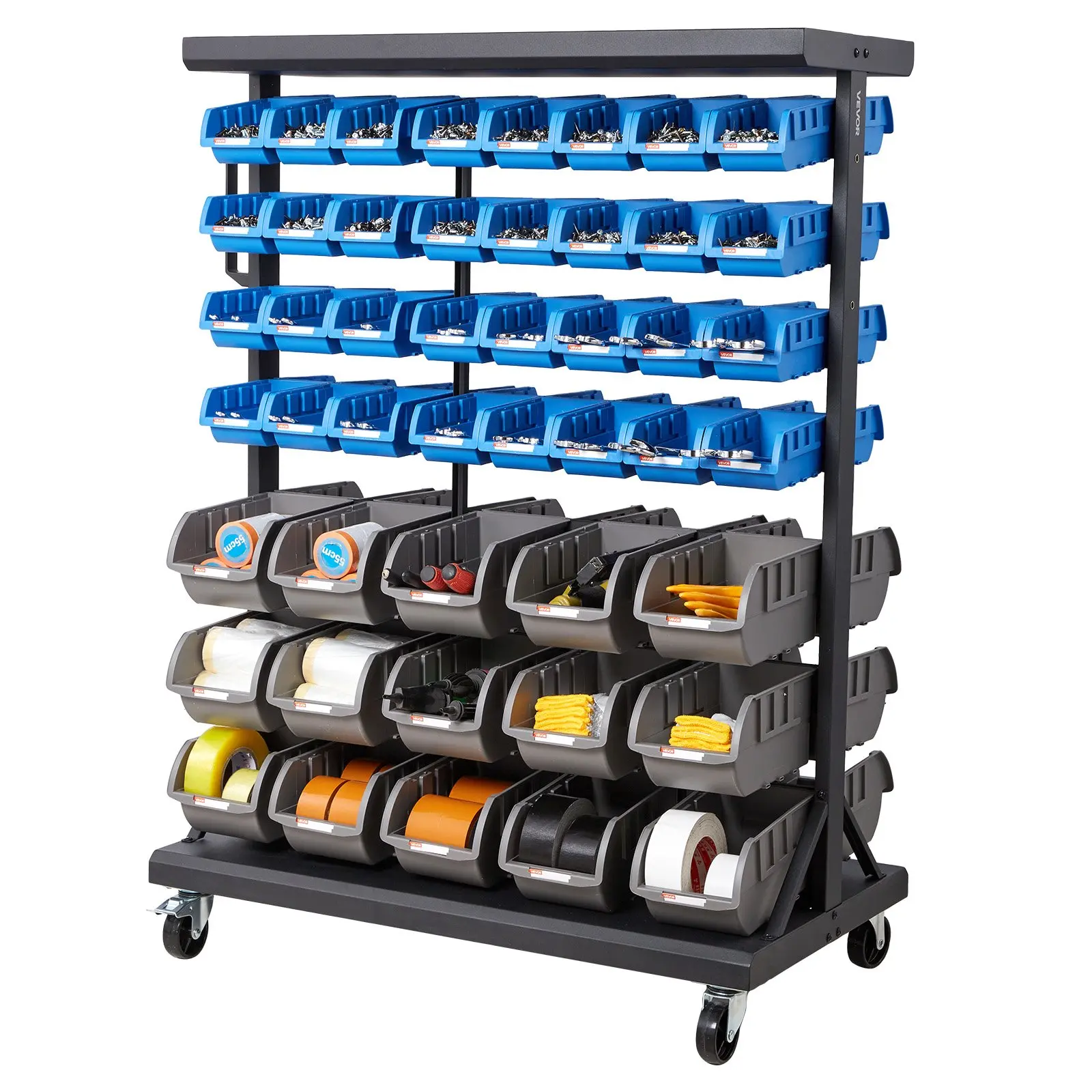 VEVOR 7-Tier Double-Sided Rolling Bin Storage Rack Set, 94 Plastic Stackable Bins, Dual-Sided Parts Organizer with Rolling Base, Mobile Storage for Garage, Office, Kitchen