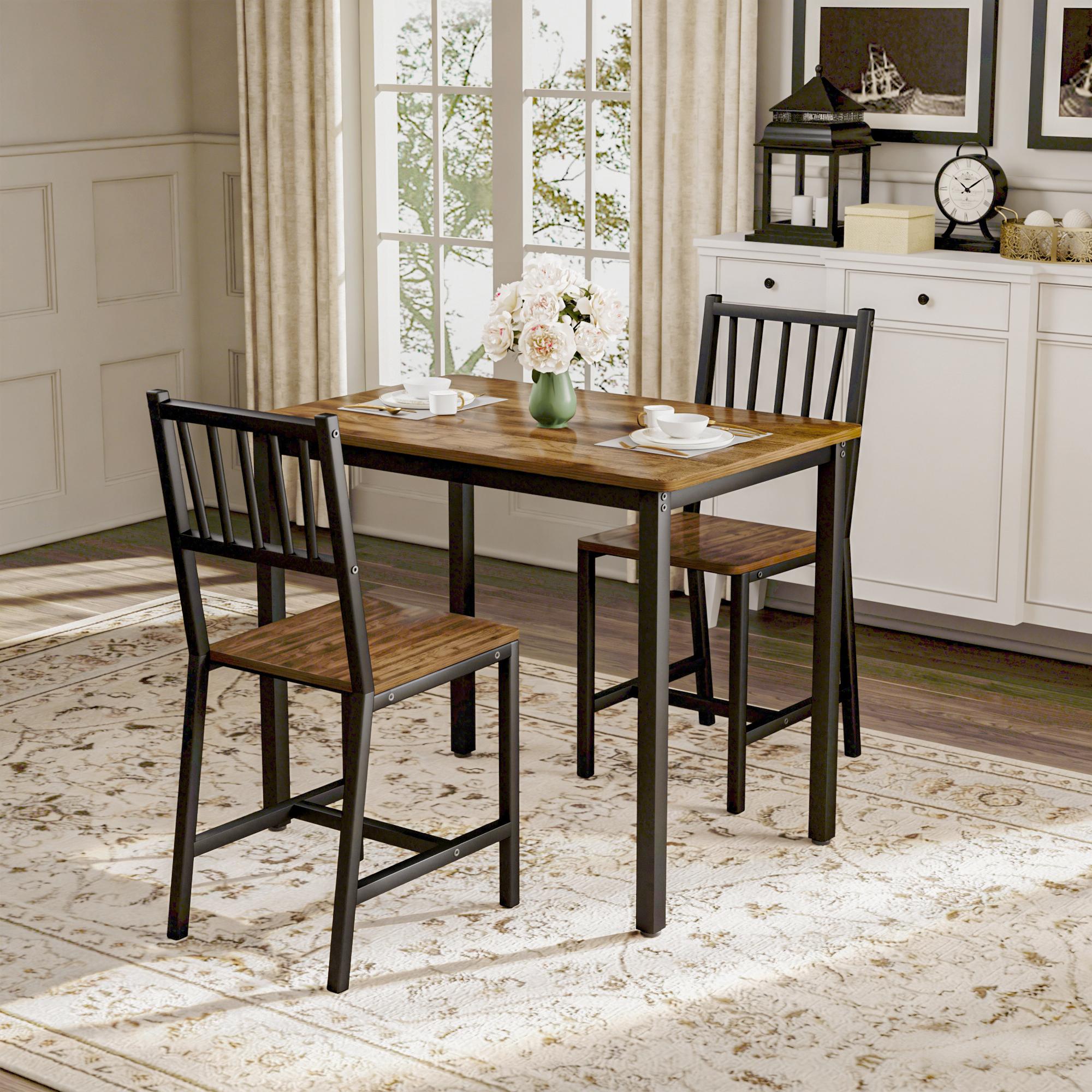 Dining Table Set, Bar Table with 2 Dining Benches, Kitchen Table Counter with Chairs, Industrial for Kitchen Breakfast Table, Living Room, Party Room, Rustic Brown and Black,35.4″L x23.6″W x 29.7″H