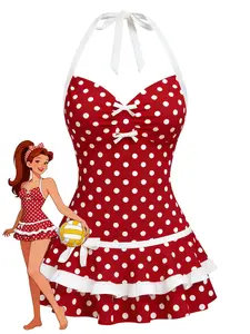 Red 1940s Polka Dot Halter Bow One-Piece Swimdress